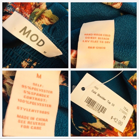 LAST ONE! NWT MOD Cold Shoulder Top in Teal Blue Ditsy Floral Print - Picture 9 of 9